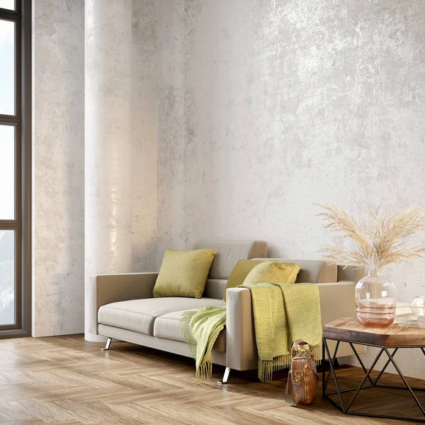 Stilvolles, modernes Interieur mit hellen Wänden und komfortablen Möbeln. 3D-Renderer — Stockfoto