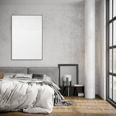 Modern iç plan, yatak odası, Boho - İskandinav tarzı, 3 boyutlu resim, 3 boyutlu resim