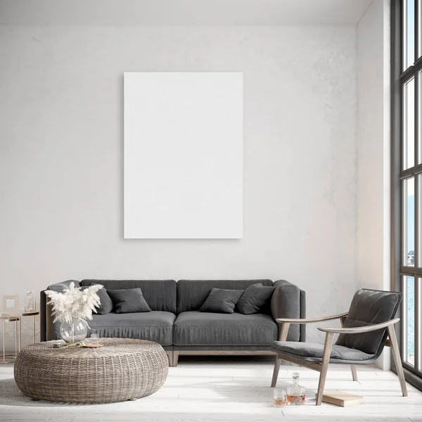 Simular el marco del cartel en el fondo interior moderno, sala de estar, Boho - estilo escandinavo, 3D render, ilustración 3D — Foto de Stock