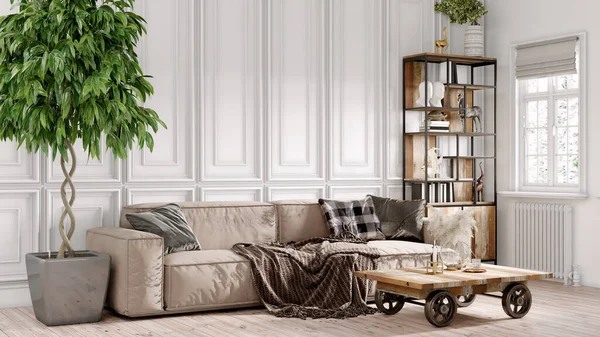 Wunderschönes Interieur eines modernen Zimmers. Helles und sauberes Design. Ein Sofa, das an einem großen Fenster vor einem Wandhintergrund steht. 3D-Rendering lizenzfreie Stockfotos