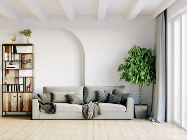 Işık duvarları, geniş pencereleri ve şık mobilyaları olan modern, güzel bir oda. İskandinav tarzında parlak bir tasarım. 3B görüntüleme