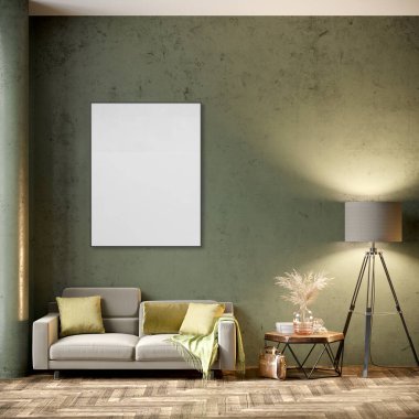 Poster çerçevesini modern iç plan, oturma odası, Boho - İskandinav tarzı, 3D çizim, 3D resim