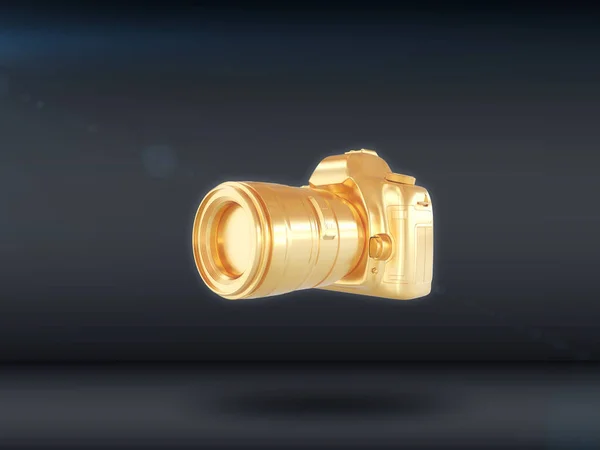 A golden camera on a dark background. 3D render — Stock Photo, Image