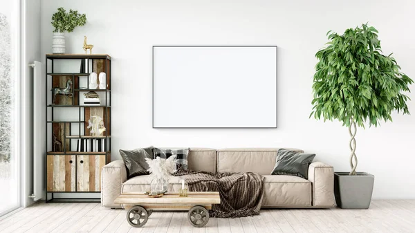Interior moderno de una habitación con una pintura vacía. Sofá y gran ventana, suelo y pared de madera. Líneas limpias de diseño de interiores. Renderizado 3D — Foto de Stock