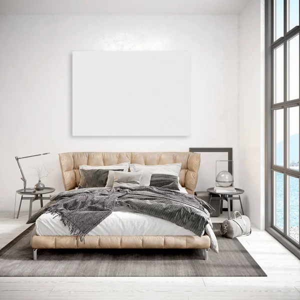 Макет плаката рамка в современном внутреннем фоне, спальня, Бохо - скандинавский стиль, 3D рендеринг, 3D иллюстрация — стоковое фото