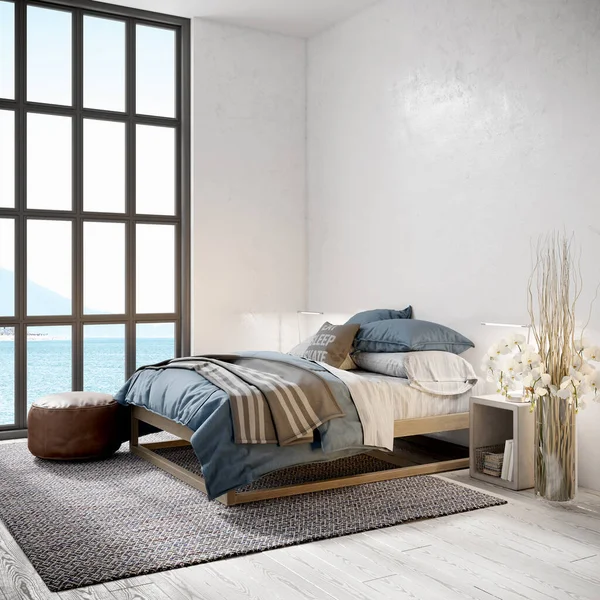 Стильный современный интерьер комнаты со светлыми стенами и удобной мебелью. 3D-рендерер Стоковая Картинка
