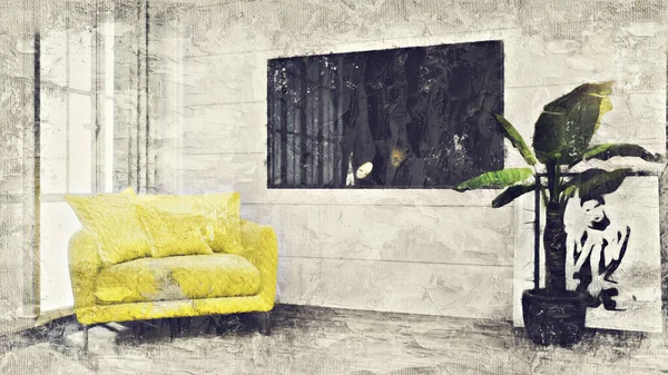 Modernes schönes Interieur des Zimmers mit farbigen Wänden, großen Fenstern und stilvollen Möbeln. Das Bild ist als Ölgemälde stilisiert. Helles und stilvolles Design. 3D-Rendering lizenzfreie Stockfotos