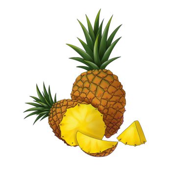 İki ananas ve iki dilim kesilmiş.