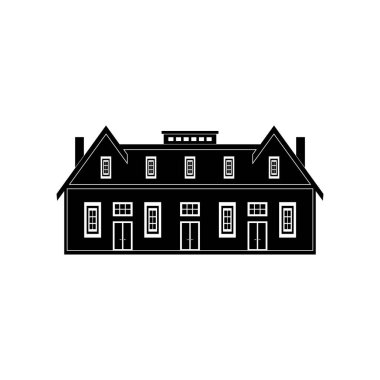 Büyük ve küçük pencereli büyük bir apartmanın simgesi ve beyaz arka planda bir tavan arası. Vektör resmi.