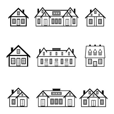 Beyaz arka planda geniş ve küçük pencereleri olan birçok farklı konfigürasyon ve boyutta ev vardır. Vektör resmi.