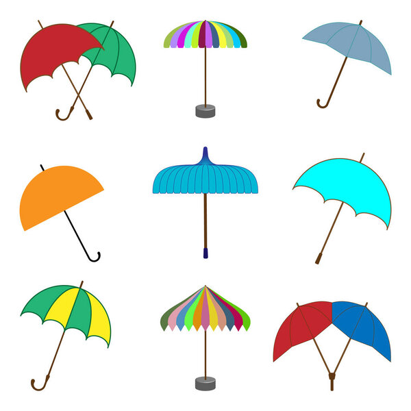 Icons of different types and colors of umbrellas from rain and sun on a white background. A vector image.