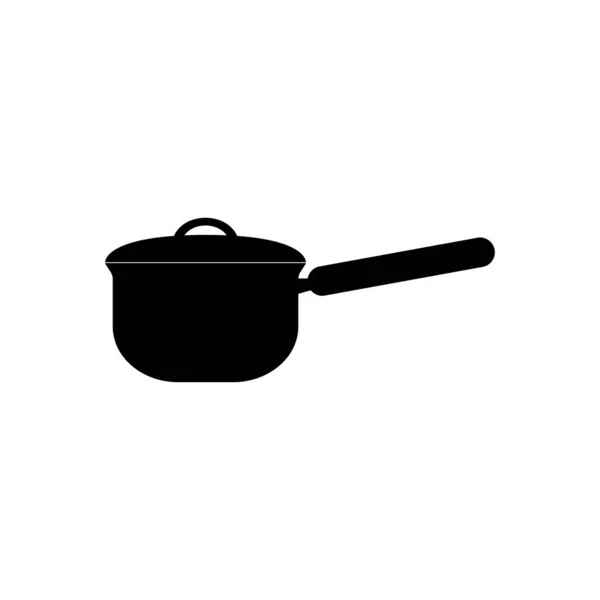 2番目のコースを調理するための長いハンドルを持つ小さな鍋のアイコンは白の背景に黒です ベクトル画像 — ストックベクタ