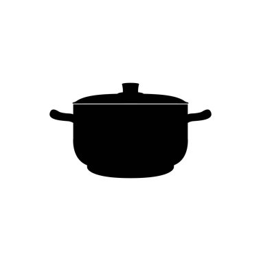 İlk yemekler için büyük bir tencere beyaz arka planda siyahtır. Vektör resmi.