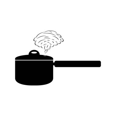 İkinci yemeği pişirmek için buharı ve kapağı olan bir tencere ikonu beyaz arka planda siyahtır. Vektör resmi.