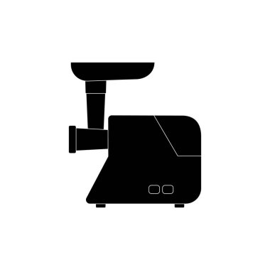 Beyaz arka planda çeşitli ürünlerin otomatik olarak öğütülmesi için kıyma makinesi. Vektör resmi.