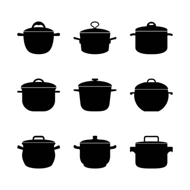 İlk yemekleri pişirmek için kapağı olan tencereler beyaz arka planda siyahtır. Vektör resmi.