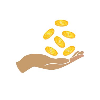 Beyaz arkaplana düşen altın sikkeleri olan bir el resmi. Vektör resmi.