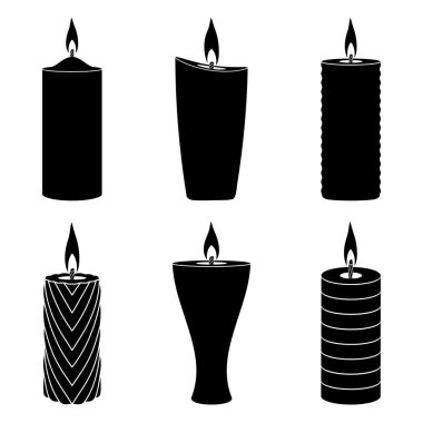Beyaz arka planda farklı şekillerde parafin mumları yakmak. Vektör resmi.