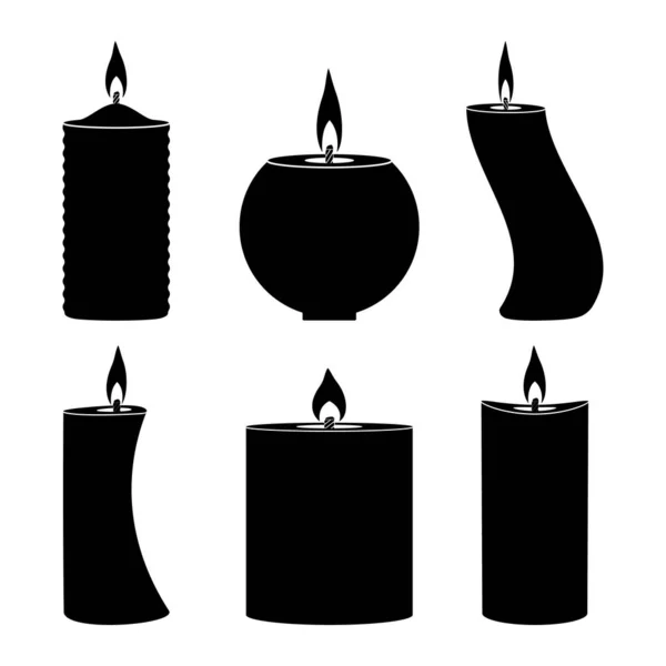 白い背景に黒で異なる形状のパラフィンキャンドルを燃焼 ベクトル画像 — ストックベクタ