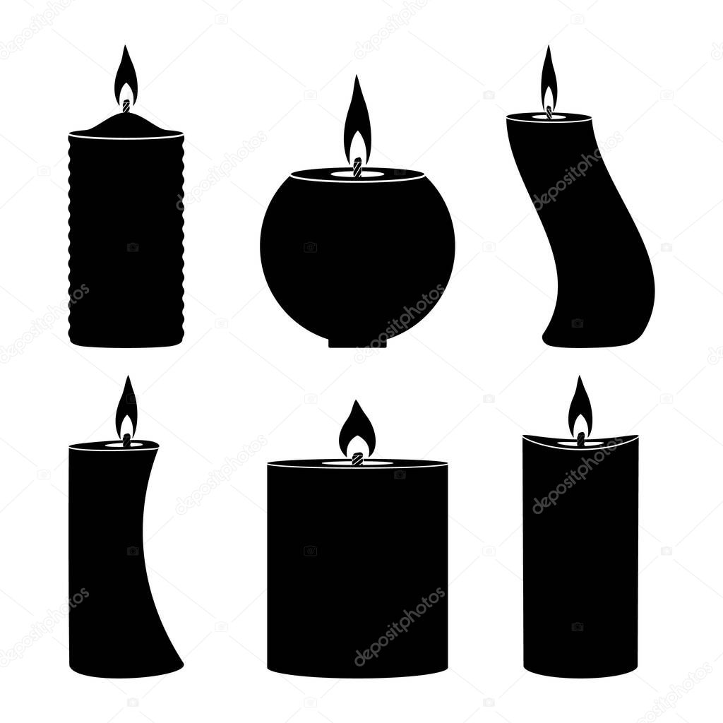 Burning paraffin candles of different shapes in black on a white background. Vector image.