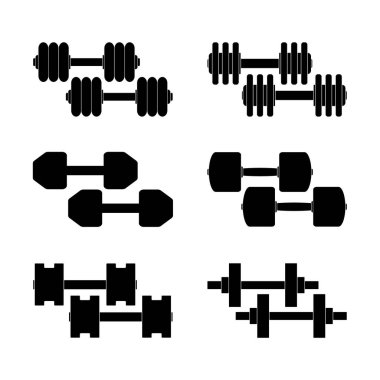 Beyaz arka planda spor için farklı türde ve boyutlarda dambılların simgesi. Vektör resmi.