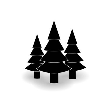 Ormandaki bir açıklıkta beyaz arka planda gölgesi olan üç Noel ağacının simgesi. Vektör resmi.