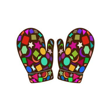 Beyaz arka planda çeşitli renkli geometrik şekillere sahip kış eldiveni simgesi. Vektör resmi.