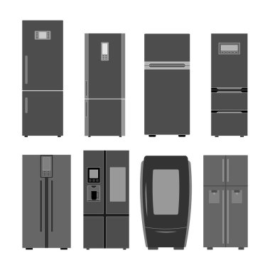 Beyaz arka planda farklı boyutlarda ve tipte buzdolabı görüntüsü. Vektör resmi.