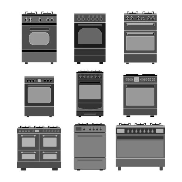 白い背景に様々な種類やサイズの電気オーブンとガスや電気ストーブのアイコン ベクトル画像 — ストックベクタ