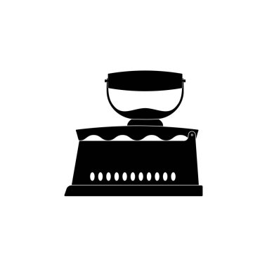 Beyaz arka plandaki kıyafetleri ütülemek için kömürlerin üzerine eski bir dökme demir simgesi. Vektör resmi.