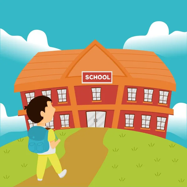 Boldog Fiú Megy Iskolába Illusztráció Iskolaépület Háttere — Stock Vector