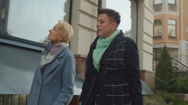 Ηλικιωμένες γυναίκες ζευγάρι βόλτα κατά μήκος του δρόμου, παράθυρο-ψώνια σε εξωτερικούς χώρους — Αρχείο Βίντεο
