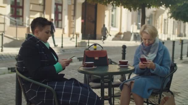 Duas mulheres maduras usando smartphone, trabalhando via aplicativo móvel ao ar livre — Vídeo de Stock