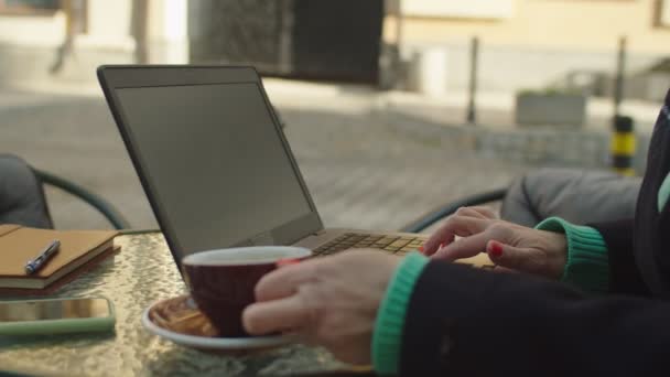 Gammal vuxen affärskvinna med bärbar dator, arbetar på distans utomhus — Stockvideo