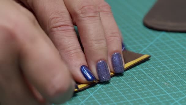 Žena dělník ruce lepicí pásku na kus kůže uvnitř — Stock video