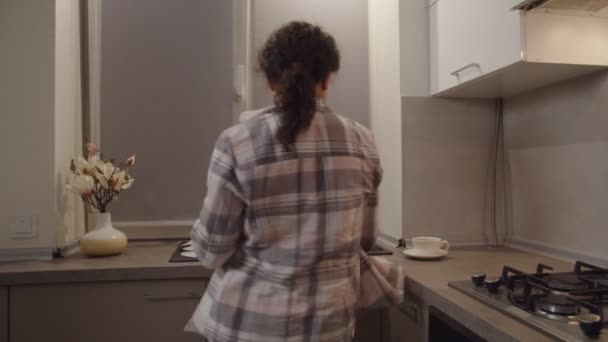 집안의 좋은 영으로 접시를 닦는 장갑을 끼고 행복 한 성인 여자 — 비디오