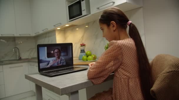 Iskolás lány hallgat tanár keresztül online alkalmazás laptop otthon — Stock videók