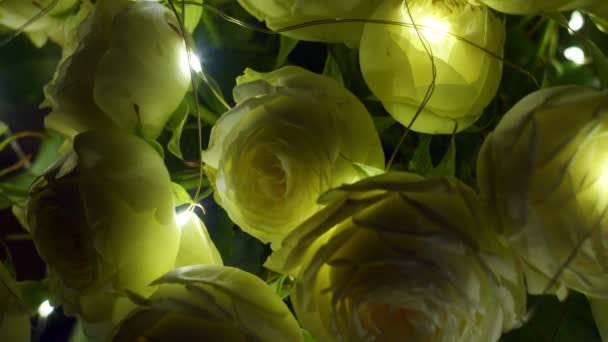 Bewegende opname van boeket witte rozen verlicht met verlichting binnen — Stockvideo