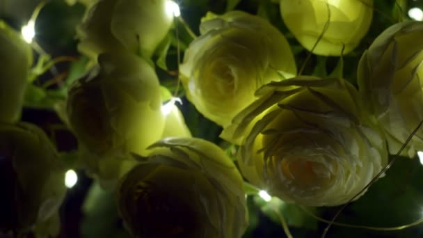 Крупный план белого или желтого букета роз с подсветкой внутри помещений. — стоковое видео