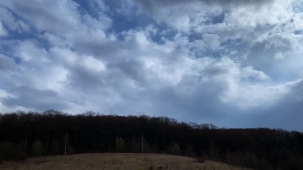 Manzara kabarık bulutlu gökyüzü sabah doğal ormanlarda akıyor. — Stok video
