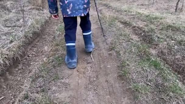 Movimiento de disparo de niño con palo de escalada a la cima de la colina al aire libre — Vídeos de Stock