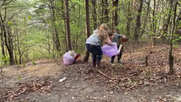 Mladí dobrovolníci úklid lesa, sbírání odpadků venku — Stock video