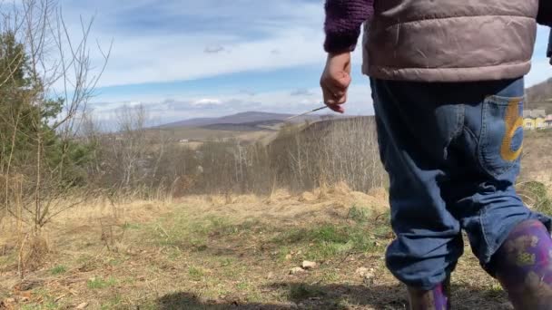 Two lovely kids holding hands, enjoying landscape view — Vídeos de Stock