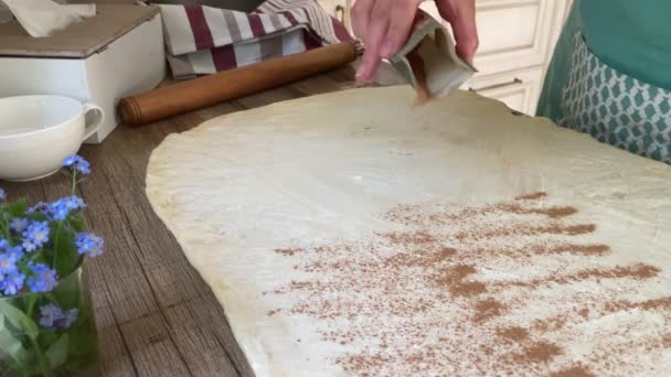 Close up view of hands sprinkling spices onto cinnamon roll dough — Stock Video