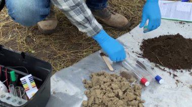 Closeup of agronomist hands in rubber gloves taking soil sample into test tube for laboratory analysis outdoors. Scientist preparing material for research. Environment protection, soil certification