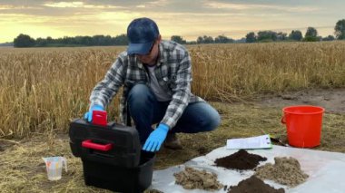 Agronomy scientist preparing soil analysis, opening equipment box, taking glass beaker, pouring soil sample into flask at agricultural wheat field in rays of warm summer sunrise. Environment research