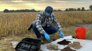 Male agronomist preparing sample for analysis in field, pouring soil into glass beaker, adding water reagent, mixing it at agricultural wheat field in rays of warm summer sunrise. Environment research