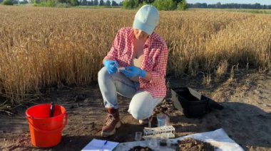 Woman agronomist performing soil acidity test by checking litmus paper with pH control card, taking notes in sample information sheet outdoors at sunrise. Female farmer working at agricultural field