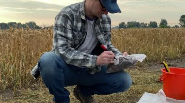 Agronomy specialist preparing soil sample for laboratory analysis, marking sample bag at agricultural field at sunrise. Professional farmer working outdoors. Environment research, soil certification