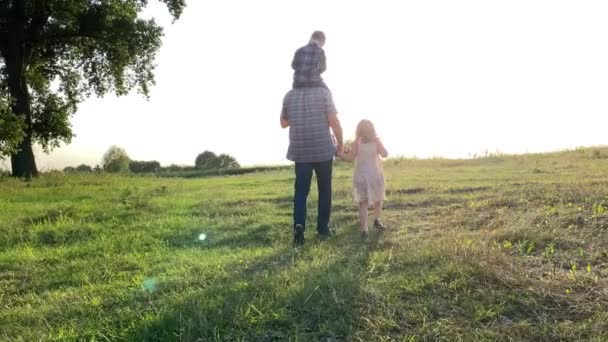 Silhouette Father Two Children Walking Sunset Meadow Happy Family Spending — 비디오